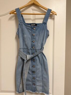 Rewash Light Blue Denim Button-Front Mini Dress with Waist Tie   juniors